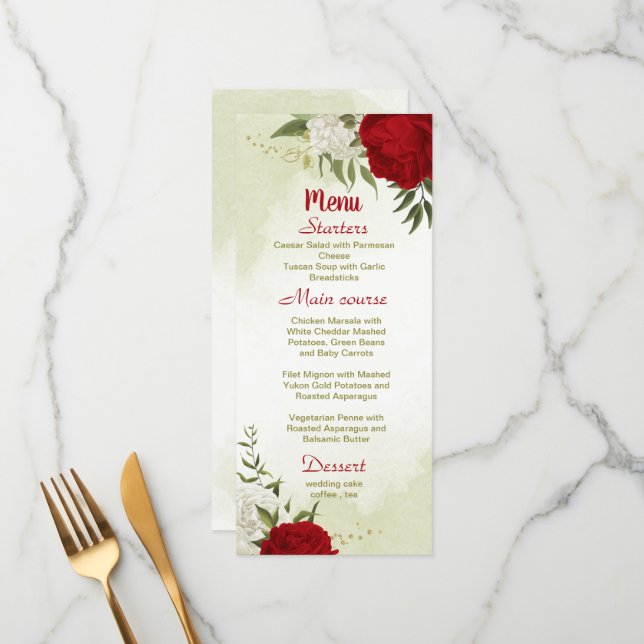 red flowers green leaves wedding menu (Front/Back In Situ)