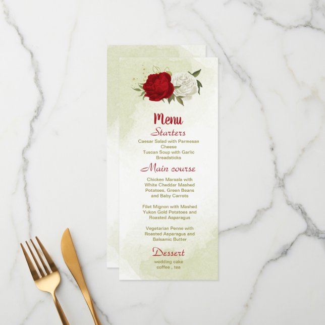 red flowers green leaves wedding menu (Front/Back In Situ)