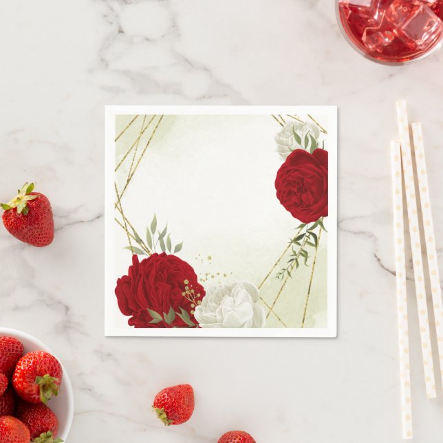 red flowers green leaves wedding napkin (Insitu)