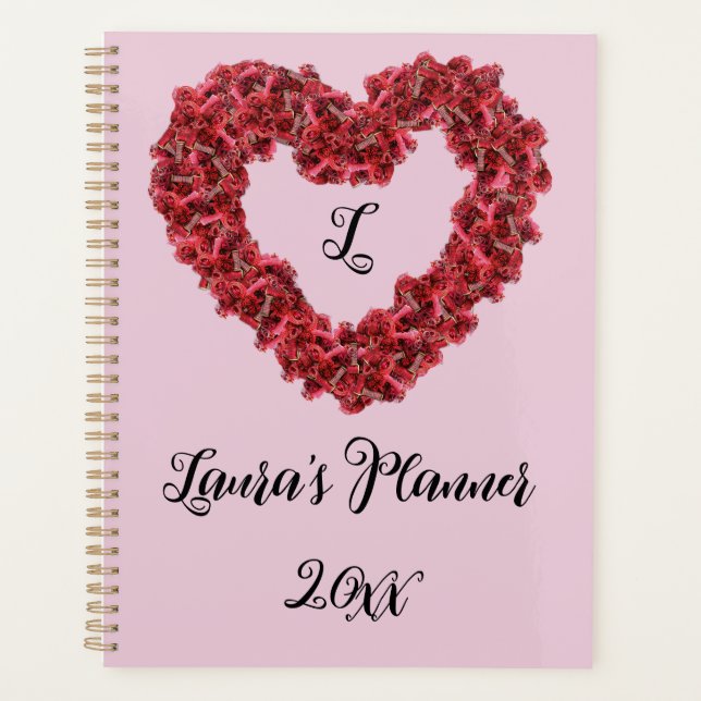 Red Flowers Heart with Customizable Text, Pictures Planner (Front)