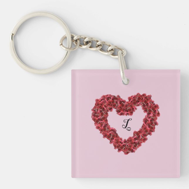 Red Flowers Heart with Monogram Floral    Keychain (Front)