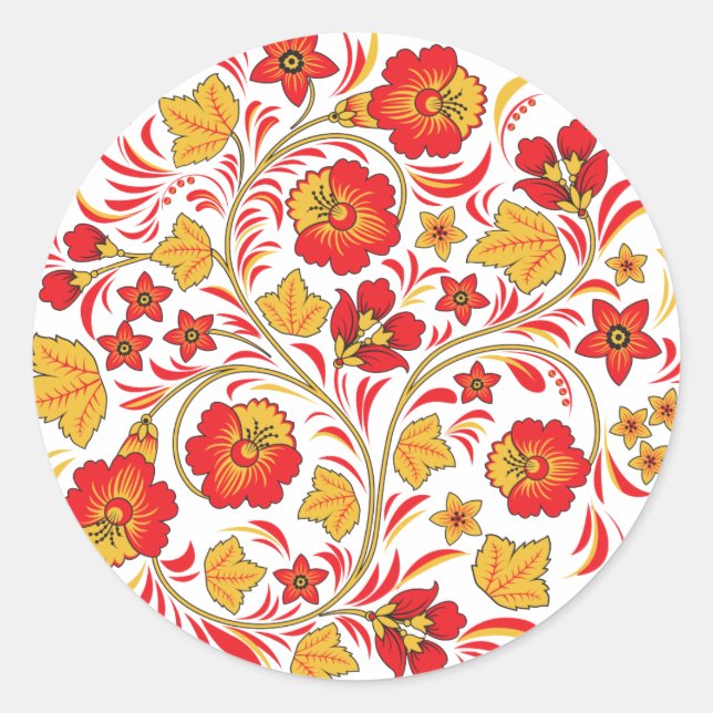 Red Flowers Hohloma Classic Round Sticker (Front)