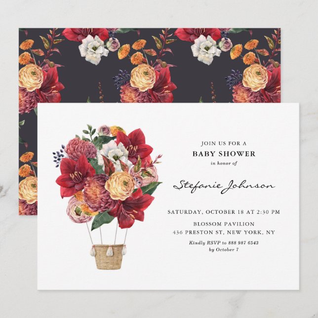 Red Flowers Hot Air Balloon Baby Shower Invitation (Front/Back)