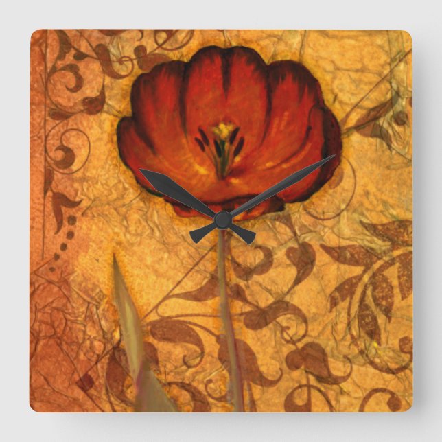 Red Flowers I Square Wall Clock (Front)