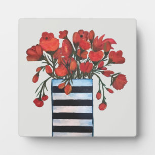 Red Flowers in Black and White Striped Vase Plaque