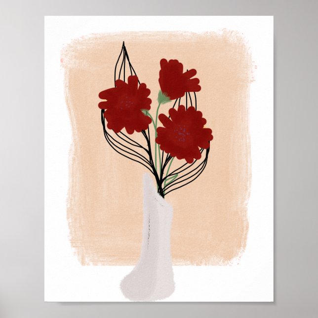 Red Flowers in Vase Hand Drawn Art  Poster (Front)