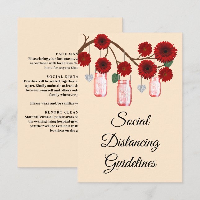 Red Flowers Mason Jar Safety Measures Enclosure Card (Front/Back)