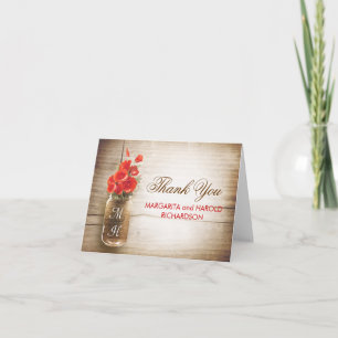 Red flowers mason jar wedding thank you cards