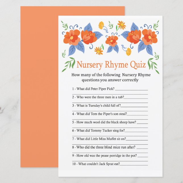 Red flowers Nursery Rhyme Quiz baby shower game (Front/Back)