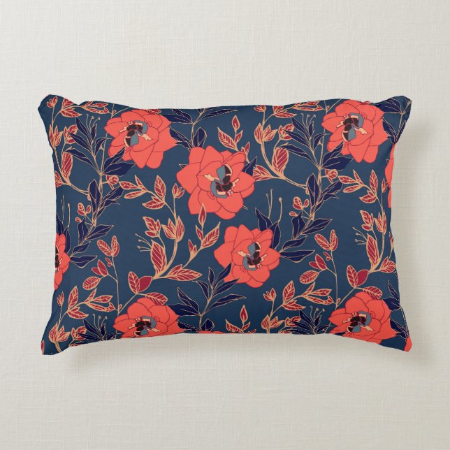 Red flowers of roses and peonies with leaves and p accent pillow (Front)