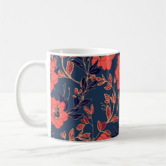 Red flowers of roses and peonies with leaves and p coffee mug