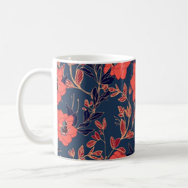 Red flowers of roses and peonies with leaves and p coffee mug (Left)