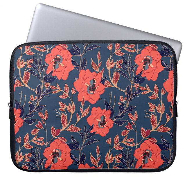 Red flowers of roses and peonies with leaves and p laptop sleeve (Front)