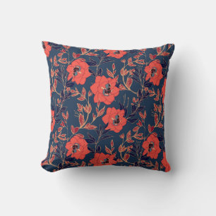 Red flowers of roses and peonies with leaves and p throw pillow