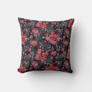 Red flowers on a black-grey background. throw pillow