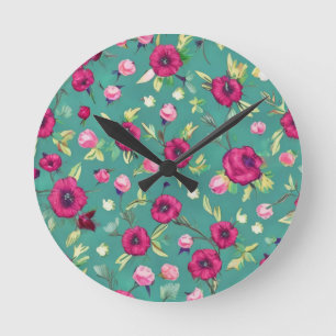 Red Flowers on a green background  Round Clock