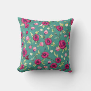 Red Flowers on a green background  Throw Pillow
