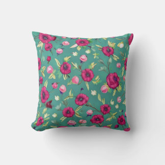 Red Flowers on a green background Throw Pillow