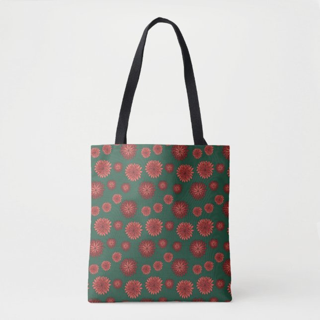 Red Flowers on a Green Background Tote Bag (Front)