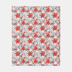Red flowers on a white, black background. fleece blanket