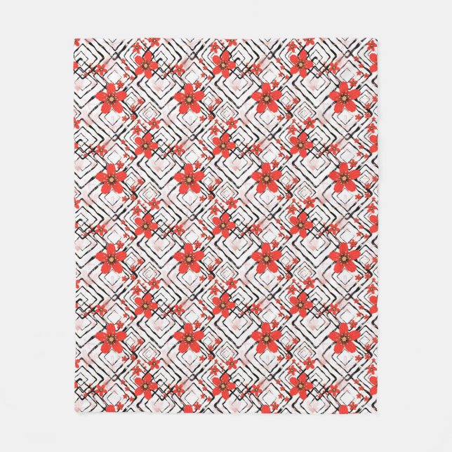 Red flowers on a white, black background. fleece blanket (Front)