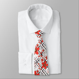 Red flowers on a white, black background. tie