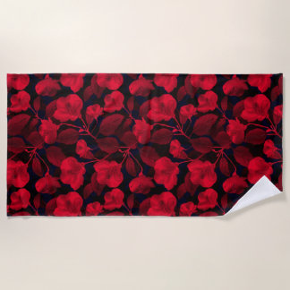 Red Flowers On Black Beach Towel