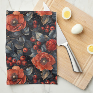 Red flowers on black kitchen towel
