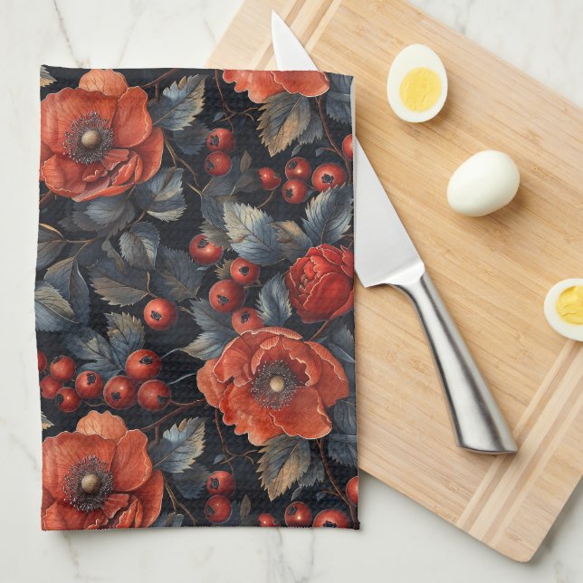Red flowers on black kitchen towel (Quarter Fold)