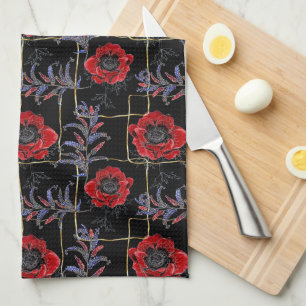 Red flowers on black. kitchen towel