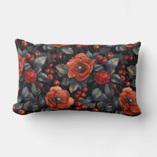 Red flowers on black lumbar pillow