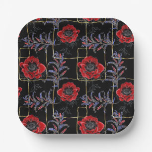 Red flowers on black. paper plate