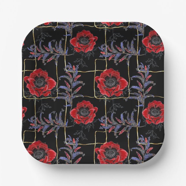 Red flowers on black. paper plate (Front)
