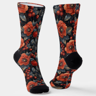 Red flowers on black socks