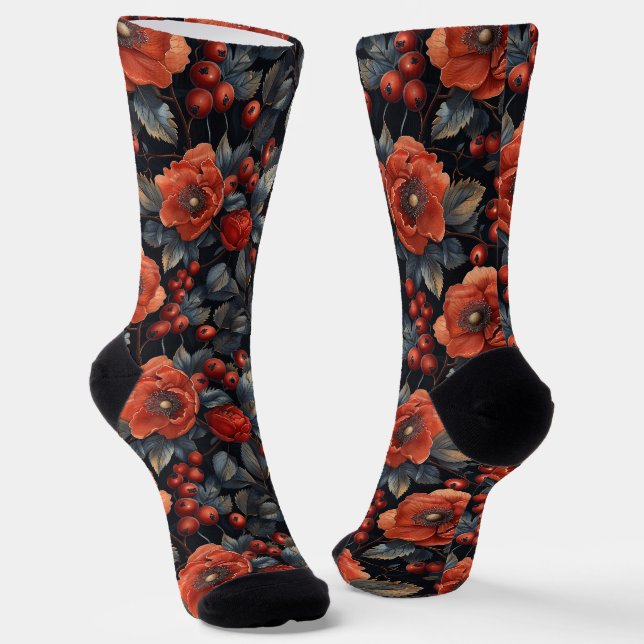 Red flowers on black socks (Angled)
