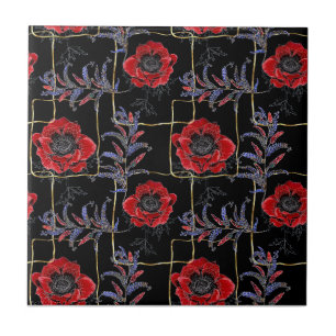 Red flowers on black. tile