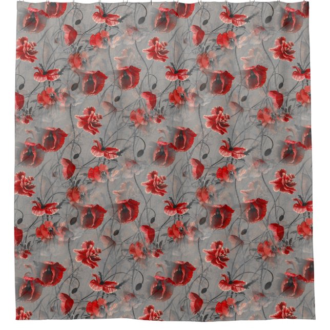 Red Flowers on Dark Grey, Red Poppies Floral Print (Front)