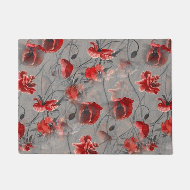 Red Flowers on Dark Grey, Red Poppies Floral Print Doormat (Front)