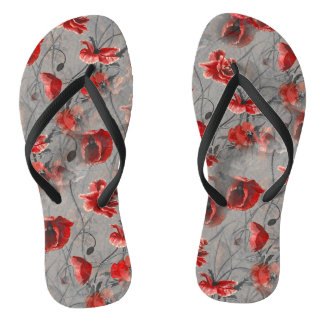 Red Flowers on Dark Grey, Red Poppies Floral Print Flip Flops