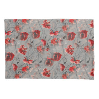 Red Flowers on Dark Grey, Red Poppies Floral Print Pillowcase