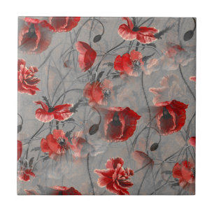Red Flowers on Dark Grey, Red Poppies Floral Print Tile
