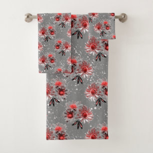 Red flowers on grey bath towel set