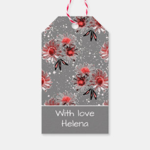 Red flowers on grey gift tags