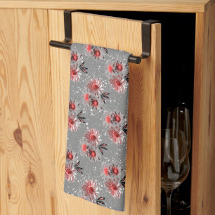 Red flowers on grey kitchen towel