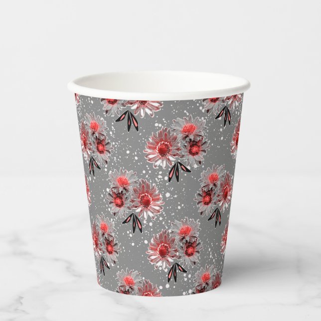 Red flowers on grey paper cups (Front)