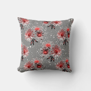 Red flowers on grey throw pillow