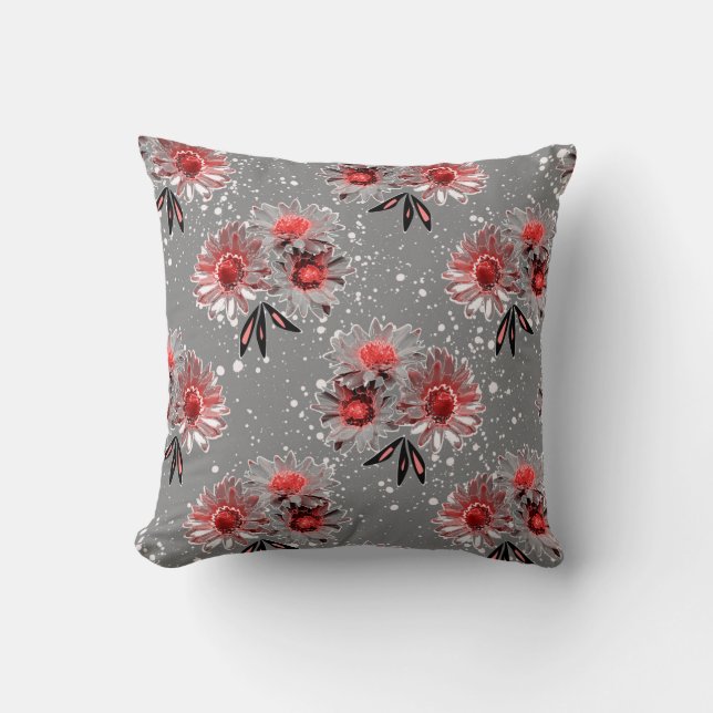 Red flowers on grey throw pillow (Front)