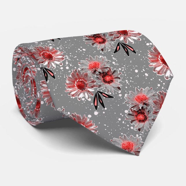 Red flowers on grey tie (Rolled)