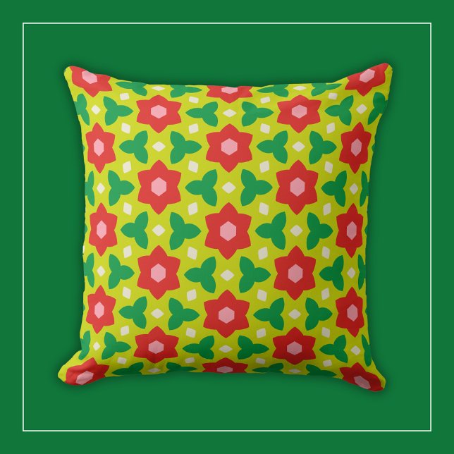 Red Flowers on Modern Lime Green Geometric Floral Throw Pillow (Creator Uploaded)