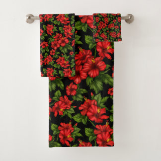 Red flowers on the black background bath towel set